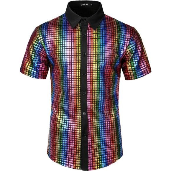 Mens 70s Disco Costume Silver Sequins Short Sleeve Button Down Shirts,Multicolor - Picture 1 of 7